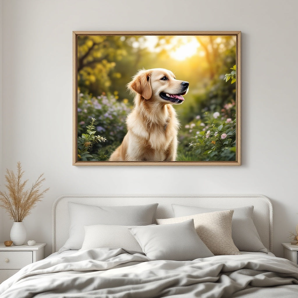 Golden Retriever Pet Portrait — sunny garden — Original Digital Wall Art (HOJ-MRIYP3AF-ZR82)
