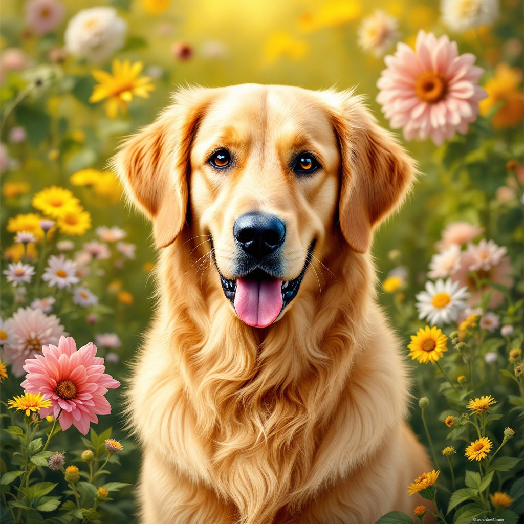 Golden Retriever Pet Portrait — sunny garden — Original Digital Wall Art (HOJ-MRIYP3AF-ZR82)